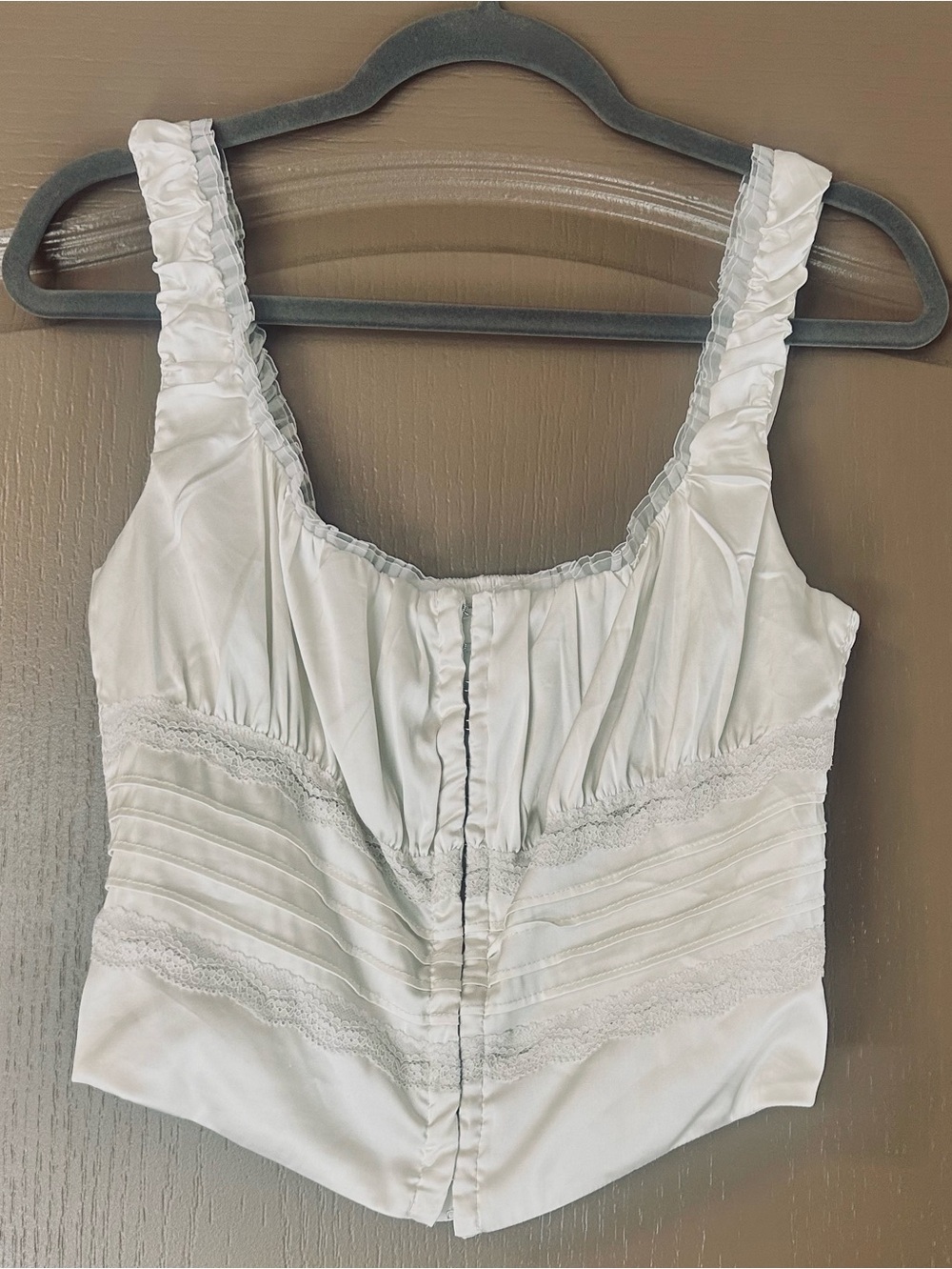 Lush Cream Satin Corset Top Lace Trim Smocked Back Size L